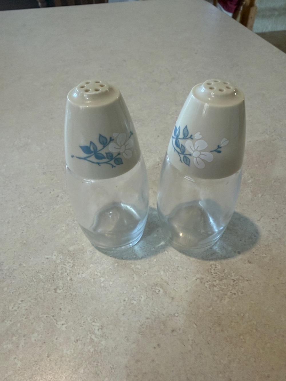 Vintage Corelle First of Spring Floral Salt and Pepper Shakers Blue Floral Caps